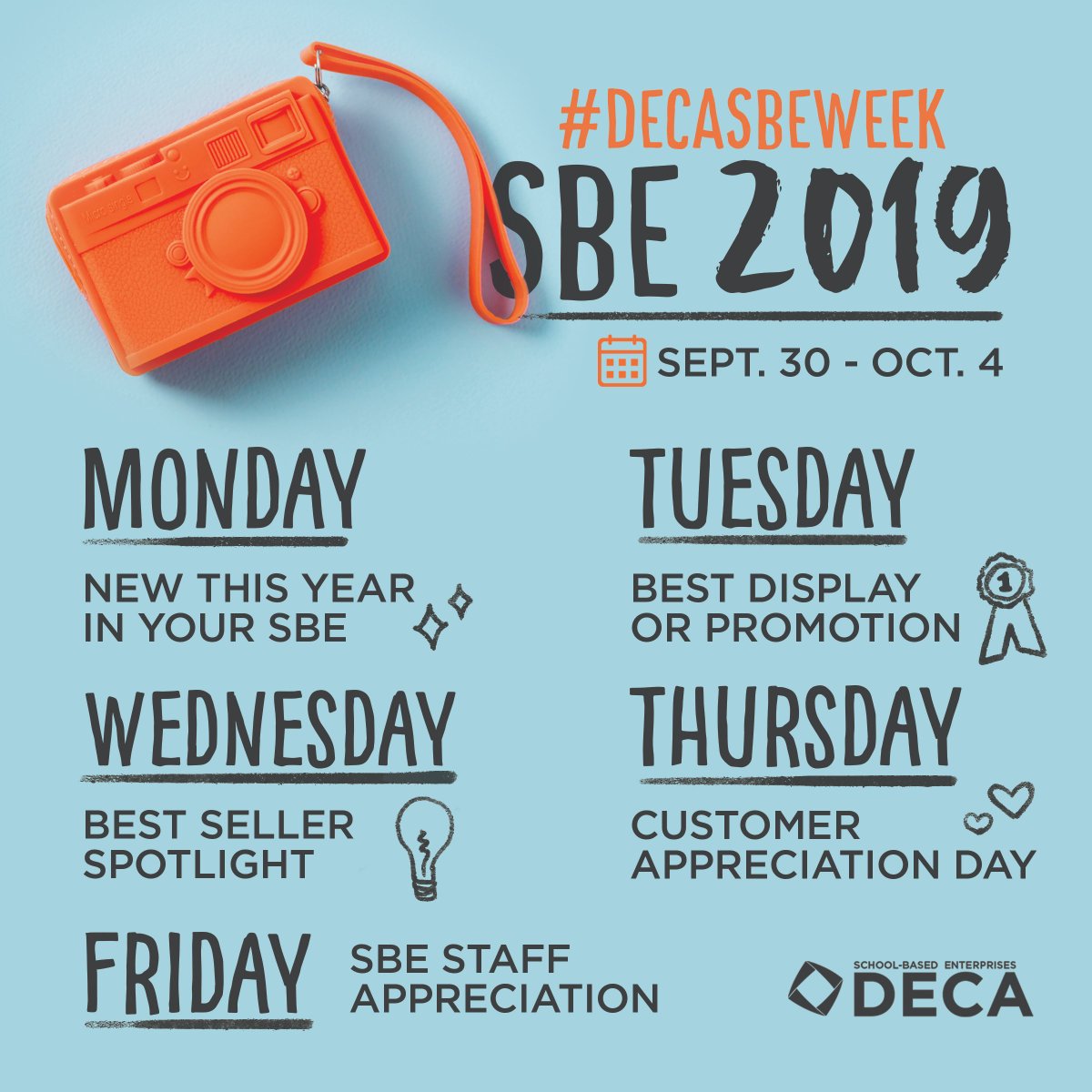 #DECASBEWeek starts Sep 30th! We can't wait to share the excitement at all 16 SBEs! #LCPSCTE #MarketingEducation <a href="/bwhsdeca/">Briar Woods DECA Chapter</a> <a href="/BRHS_DECA/">BROAD RUN DECA</a> <a href="/johnchampedeca/">John Champe DECA</a> <a href="/dominionDECA/">Dominion DECA</a> <a href="/FHSEAGLESDECA/">FHS DECA 2019-2020</a> <a href="/Heritage_Deca/">HHS Deca</a> <a href="/CountyDECA/">LCHS DECA</a> <a href="/deca_pfhs/">Potomac Falls DECA</a> <a href="/RVHS_DECA/">Riverside DECA</a> <a href="/RockRidgeDECA/">Rock Ridge DECA</a> <a href="/SBHSDECA/">Stone Bridge DECA</a> <a href="/THS_DECA/">Tuscarora DECA</a> <a href="/indynationdeca/">@IndyNationDECA</a>