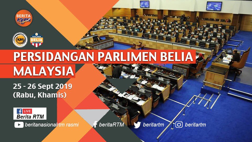 Ikuti siaran langsung Persidangan Parlimen Belia Malaysia Sidang I Tahun 2019 - 2021 dari Parlimen Malaysia secara live streaming di Facebook Berita RTM mulai jam 10.00 pg - 5.00 ptg pada 25 - 26 Sept 2019.