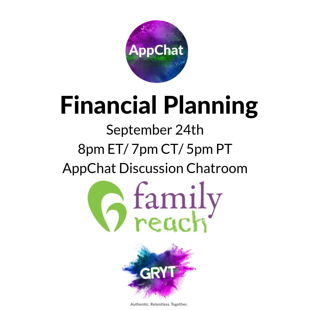 grythealth's tweet photo. Join us TONIGHT (Sept 24th) in the AppChat Discussion Chatroom on the GRYT Platform when we team up with Family Reach to discuss their FREE financial planning program for cancer patients and their family!
#finacialplanning #finacialhelp #familyreach #GRYThealth #digitalhealth https://t.co/QlbsiZt8xP