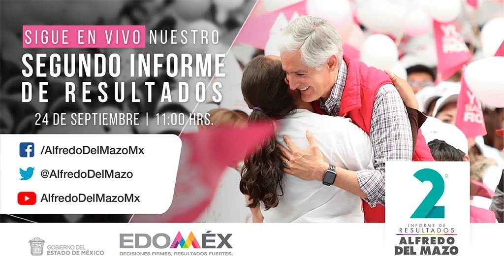 Todo listo para el #2doInformeEdoméx, sigue la transmisión #EnVivo a partir de las 11:00 hrs, en las cuentas de Twitter, Facebook y YouTube del Gobernador <a href="/alfredodelmazo/">Alfredo Del Mazo</a>.

x.com/alfredodelmazo 
facebook.com/AlfredoDelMazo… 
youtube.com/channel/UCM_mH… 

#ResultadosdelMazo