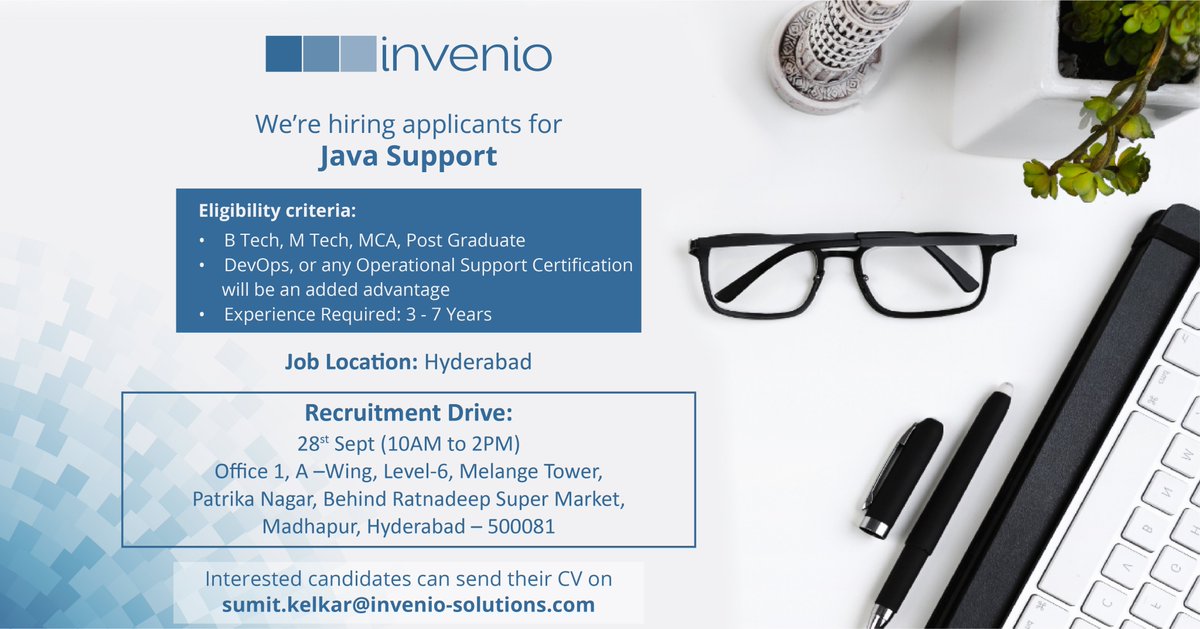 invenioLSI's tweet photo. We’re hiring applicants for Consultant - Java Production Support for our Hyderabad office and conducting a walk-in recruitment drive on 28th September 2019. Join us to discover out if you’ve got what it takes! https://t.co/aE7upI58Ay #growwithinvenio https://t.co/fqa9b2nPTg