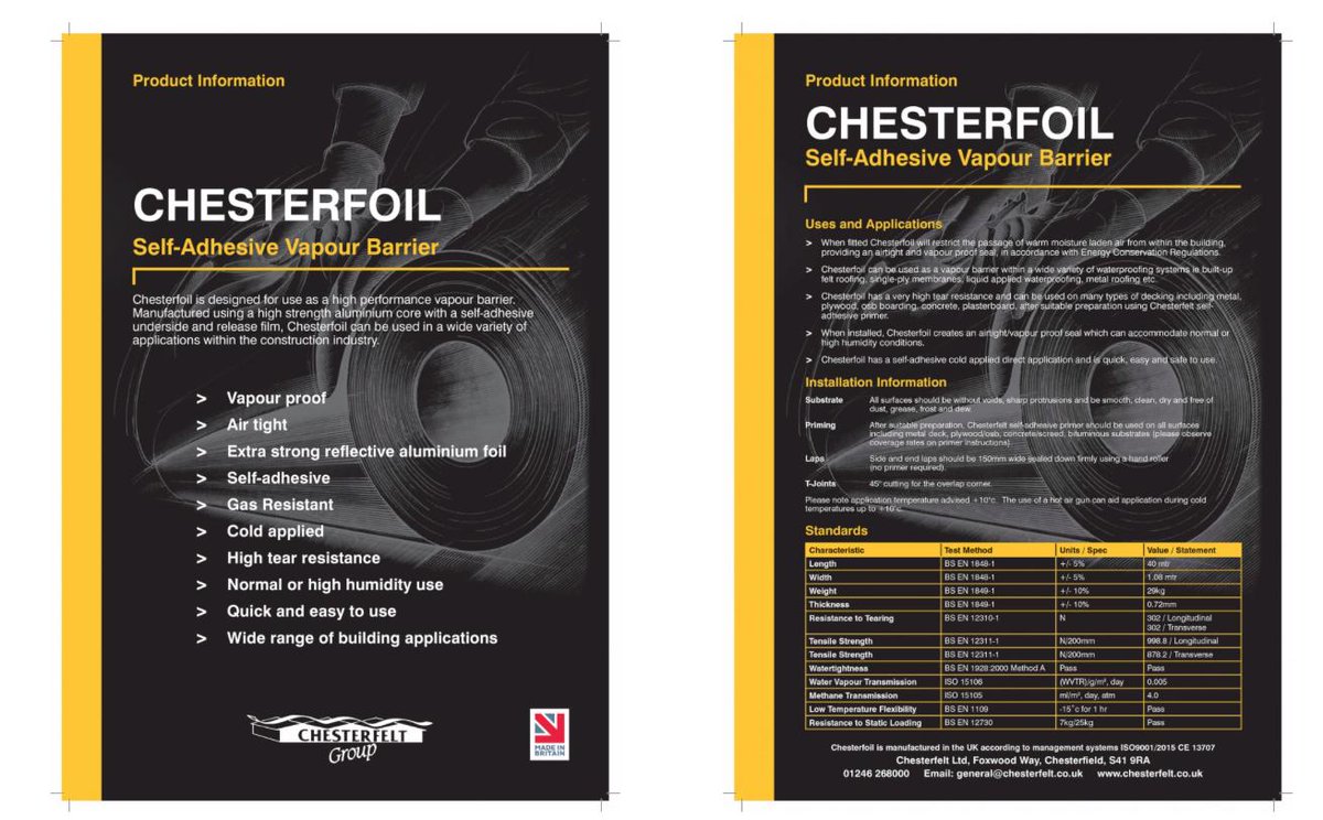 New Self-Adhesive Membranes from Chesterfelt.
Chesterfoil Self-Adhesive Vapour Control Membrane designed for use as a high performance vapour barrier. Chesterfoil can be used in a wide variety of applications within the construction industry.
chesterfelt.co.uk/self-adhesive-…
