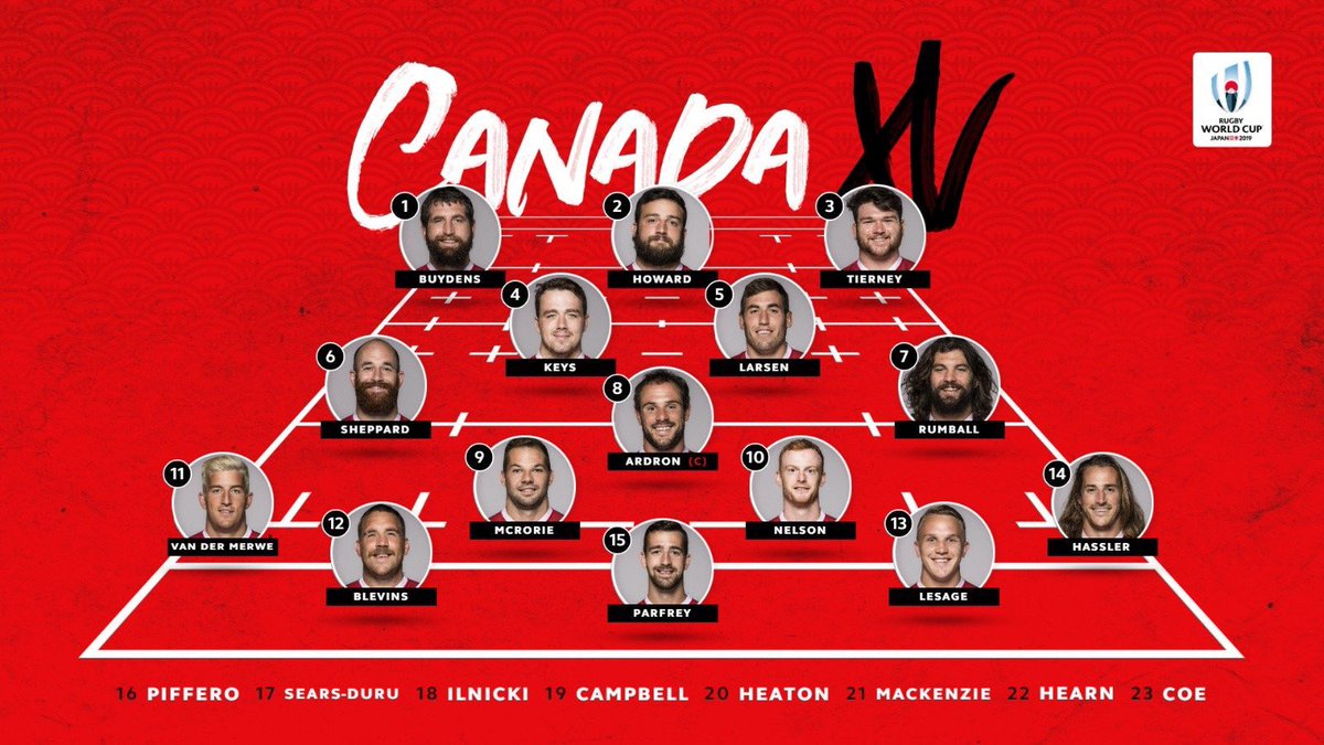 RugbyCanada's tweet photo. ROSTER: First test of #RWC2019 , Canada's coming out swinging 👊🏉🍁 #RugbyCA @rugbyworldcup 

🇨🇦 v 🇮🇹- Sept 26 (correction to the previous tweet)
⏱️3:45am ET/ 12:45am PT
📺 @TSN_Sports 1, 3, &amp; 4

🔗https://t.co/DEHLMZbOJN… https://t.co/wJ4YNRth47