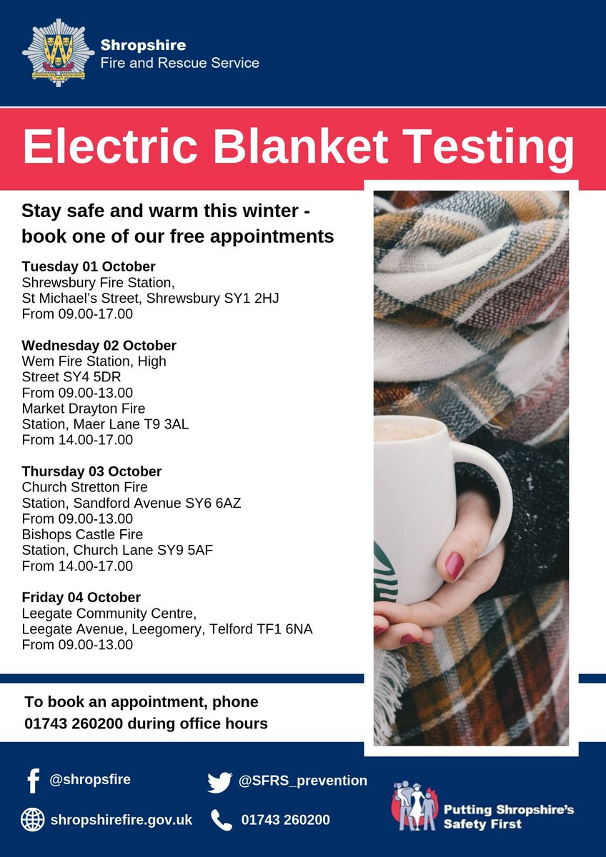 shropsfire's tweet photo. Join our @SFRS_Prevention team next week at one of their #ElectricBlanketTesting appointments so you can sleep safe and warm this #Winter. π΄π
To book, call 01743 260200 https://t.co/THYTuMCw2B