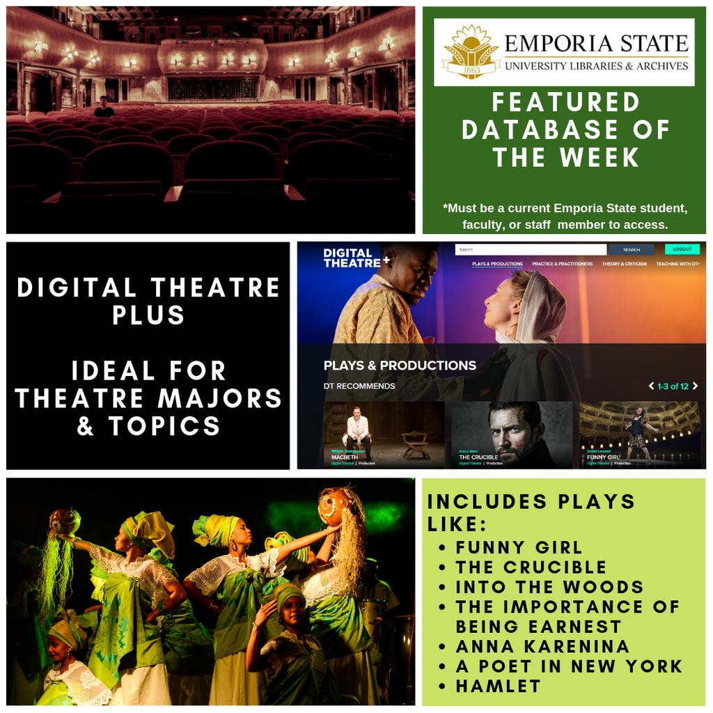 esulib's tweet photo. This week's #featureddatabase is Digital Theatre Plus. This is an outstanding resource ideal for theatre majors and topics, performing arts, etc. and includes plays, interviews with the performers and directors, lesson plans, etc. Have questions? Contact your librarian. ⁠ https://t.co/JnVgyk5GRG