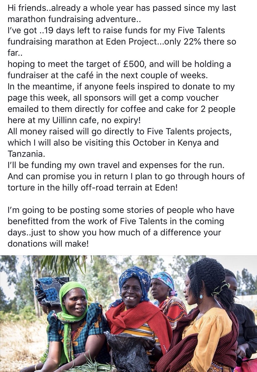 So friends,19 days left to meet my fundraising target for the <a href="/Five_Talents/">Five Talents UK</a> run <a href="/edenproject/">Eden Project</a>. Fundraiser evening @uhcoffeeshop happening Oct. 6th,but in the meantime if you want to make a real difference, do contribute to my marathon torture here!.fivetalents.charitycheckout.co.uk/pf/jessie-kenn… thanks x