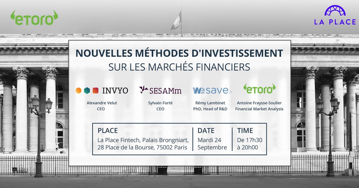 invyo_'s tweet photo. A ce soir pour notre #Meetup sur les "Nouvelles méthodes d'#investissement sur les marchés #financiers" - Mardi 24/09 2019 à 17h30 à @LaPlaceFintech avec @invyo_insights, @eToroFr, @wesave_fr et @sesamm_inside 

👉 Inscription gratuite obligatoire : https://t.co/cwkcjLbQQf https://t.co/H9Bxsybs7j