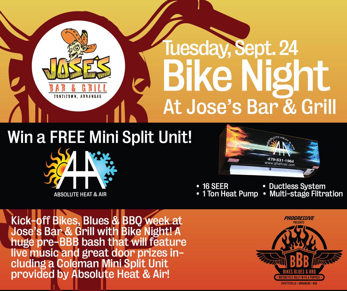Don't forget tonight is Bike Night at Jose's Bar & Grill! Get into the Bikes, Blues, and BBQ spirit early and have a shot at winning a FREE Coleman® Mini Split Unit tonight!

#bikesbluesandbbq #josesbarandgrill #giveaway #hvac #bikenight #celebrate #absoluteheatandair