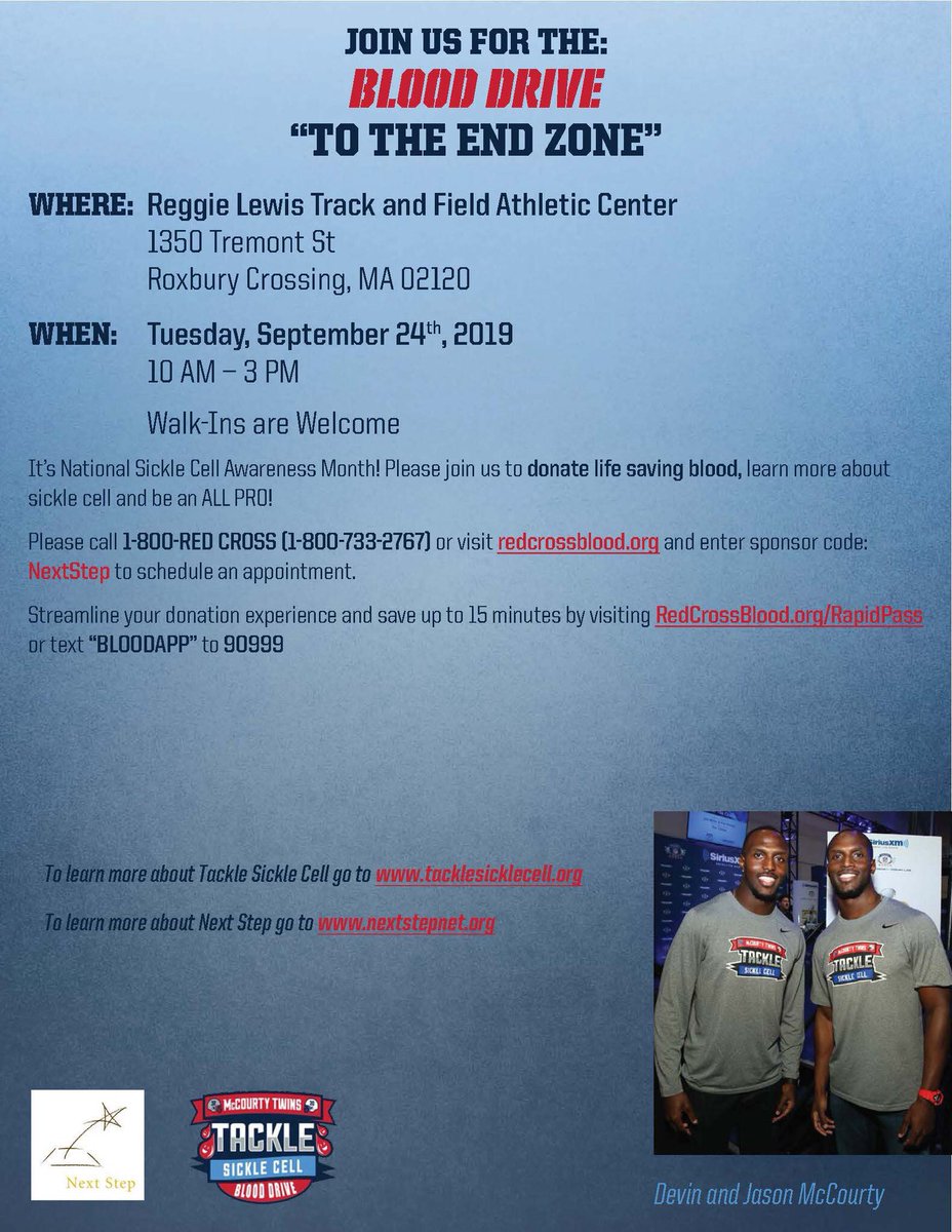 TackleSickleCell (@tacklesc) on Twitter photo Join the <a href="/McCourtyTwins/">Devin&Jason McCourty</a> today at the Reggie Lewis Track & Field athletic center in Roxbury Crossing, MA between 10am-3pm. Walk in’s are welcome! #TackleSC Join the <a href="/McCourtyTwins/">Devin&Jason McCourty</a> today at the Reggie Lewis Track & Field athletic center in Roxbury Crossing, MA between 10am-3pm. Walk in’s are welcome! #TackleSC