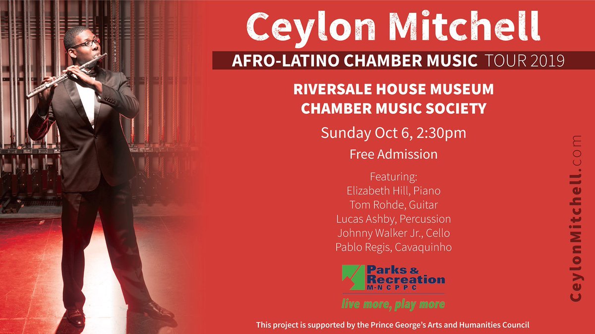 Riversdale1801's tweet photo. In honor of #HispanicHeritageMonth, the Riversdale Chamber Music society presents a FREE concert with @ceylonmitchell on October 6! Enjoy the classical crossover of the Western-European flute with African rhythms, Caribbean melodies, and styles from Latin America. https://t.co/Wbq4asUMkR