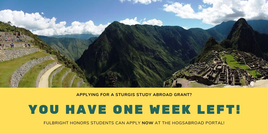 Fulbrighthonors's tweet photo. Don't miss this opportunity to get study abroad funding! The Sturgis Study Abroad Grant application is open to Fulbright Honors students and is due October 1st! Apply now at https://t.co/VHXeb1iRUA!
#fchp #SmartHogs #hogsabroad #honors https://t.co/EWhTVeoqrg