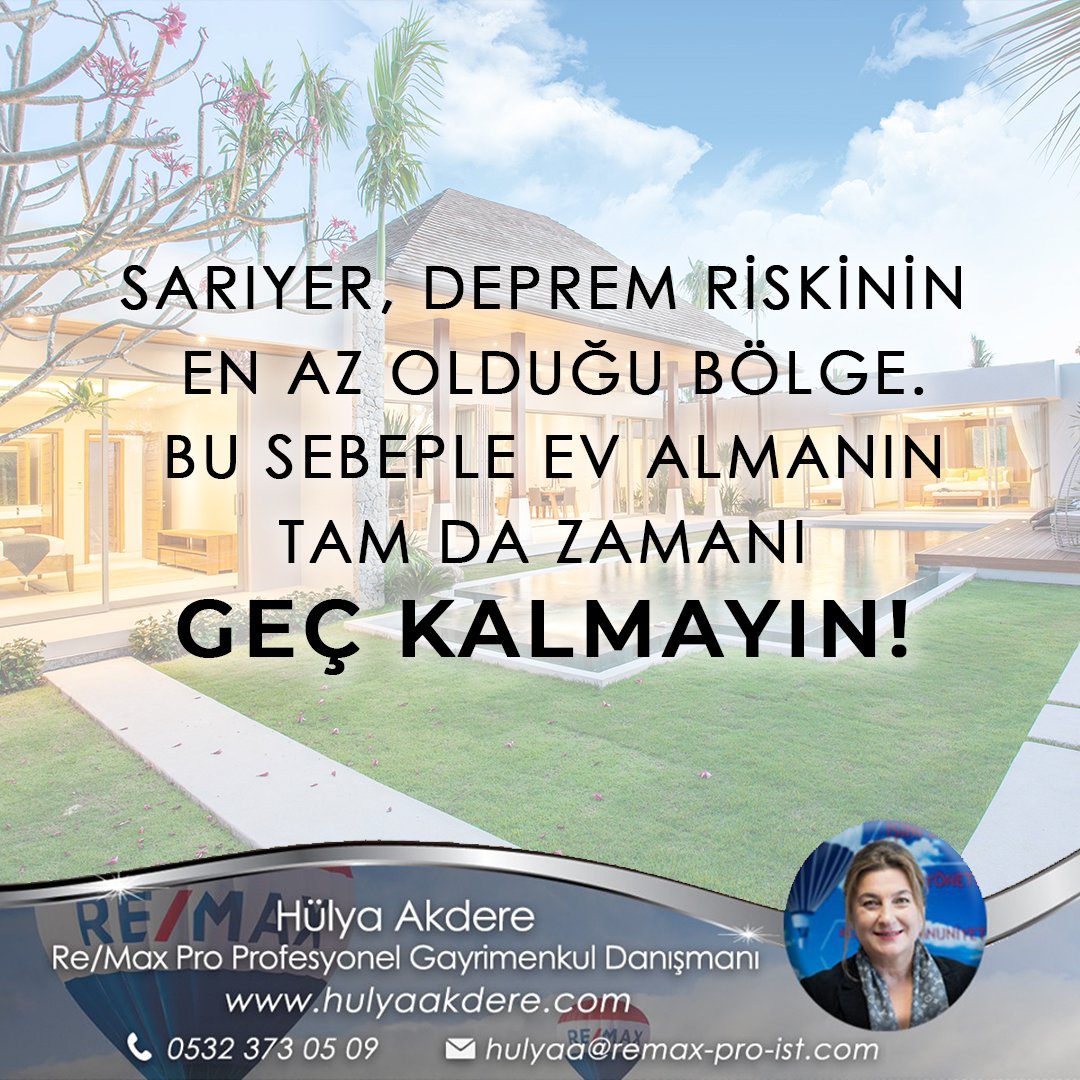 Sarıyer, deprem riskinin en az olduğu bölge. 
🏡 Bu sebeple ev almanın tam da zamanı, Geç Kalmayın!
Hülya Akdere
Re/Max Pro
0532 373 05 09
hulyaakdere.com
#deprem #gündem #gayrimenkul #danışman #portföy #işlem #hayalinizdekiev #aile #konut #emlak #zekeriyaköy #istanbul