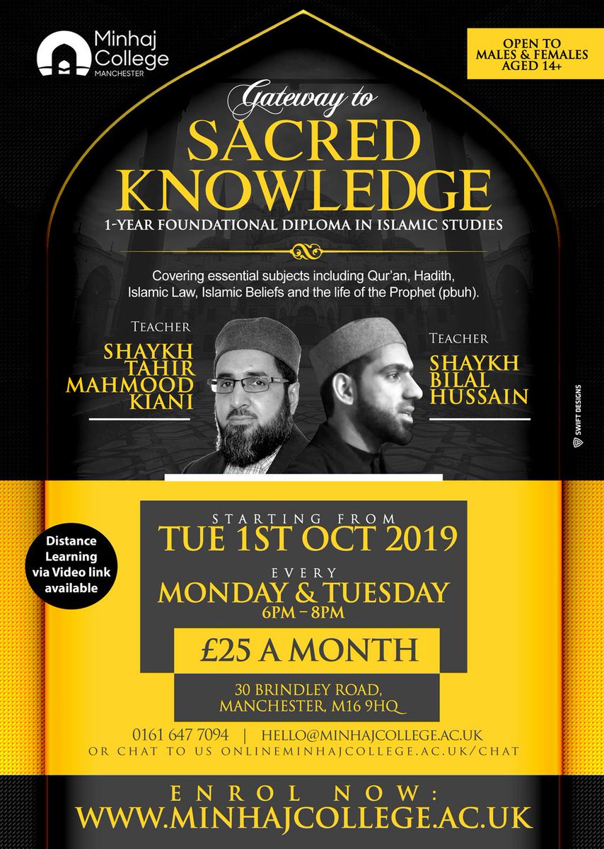 Enrol onto our Foundational Diploma in Islamic Studies. Offered on a part-time basis on Mon &amp; Tues evenings 6-8pm starting on 1st October 2019. It will also be offered via distance learning via live video link.

Limited places! For further info:
buff.ly/2ld0WpB