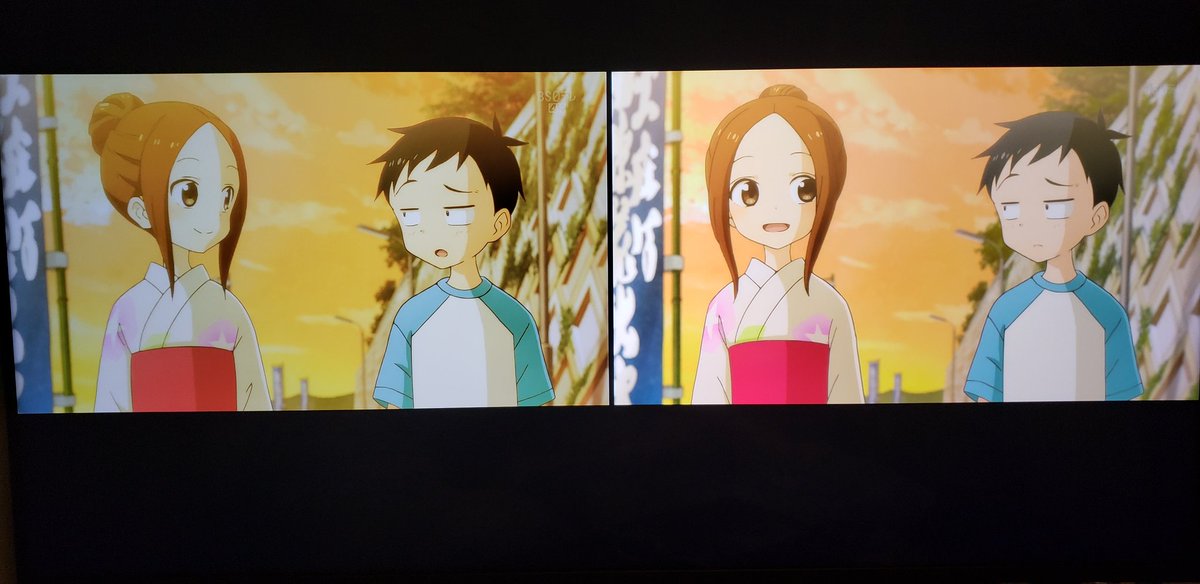 Carm 左4k 右普通のbs 結構色鮮やかさが違うのが4kなのかな 二画面だと分かりづらいけど凄く綺麗だと実感します あと 動きが滑らかです からかい上手の高木さん2