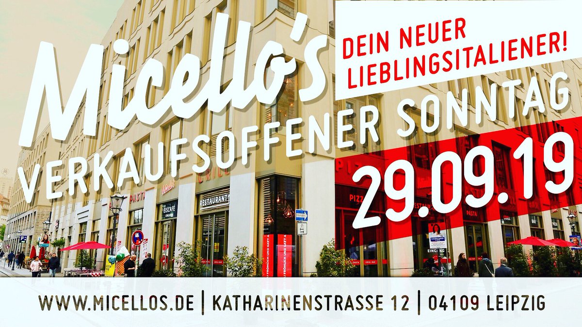 micello_s's tweet photo. Am Sonntag, den 29.09.2019 ist in Leipzig verkaufsoffener Sonntag und Micello‘s ist natürlich dabei! 🇮🇹👌🏻 Falls Ihr Euch also vor oder nach dem Shoppen stärken wollt, dann kommt vorbei! ☎️ Reservierungen unter 0341-39373300.

#micellos #pizza #pasta #grill #bar #sonntag #offen https://t.co/A3bLPzDu2O