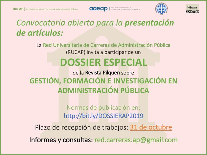 AAEAPok's tweet photo. Desde la Red de Carreras de Administración Pública convocamos a la presentación de artículos para este dossier especial de la @RPilquen 🤓
https://t.co/2RJKGtHkZZ https://t.co/vw0JAApsQx