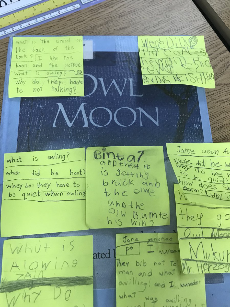 BALitLover's tweet photo. Visited with an old friend named “Owl Moon” with my second grade friends in Mr. Herzog’s class. We showed our thinking on post it notes. #janeyolen #readandthink #turnandtalk https://t.co/tOZwN1Qodj
