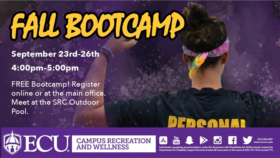 Get in gear to meet your fitness goals with <a href="/ECU_CRW/">ECU Campus Recreation & Wellness</a>  Fall Bootcamp. Register online to choose the days you want to attend! 
fal.cn/347Vm