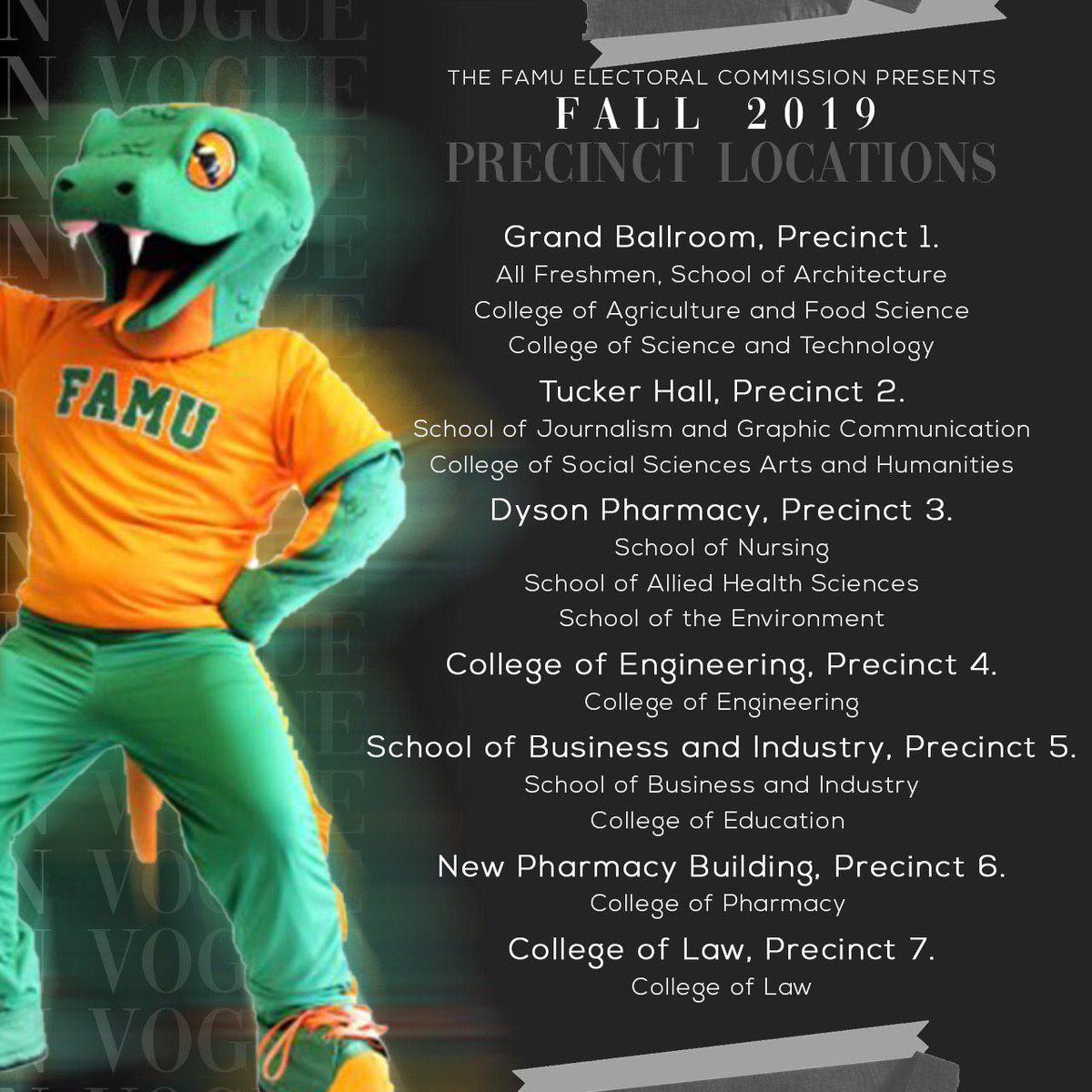 ElectionsFamu's tweet photo. Voting time is finally here 🗣! Here are the Precinct Locations for your specific major. Get up, get out to your precinct and cast your vote 🗳. Voting will begin TODAY at 8AM! This is an election you don’t want to miss out on! https://t.co/srRG6OMPNJ