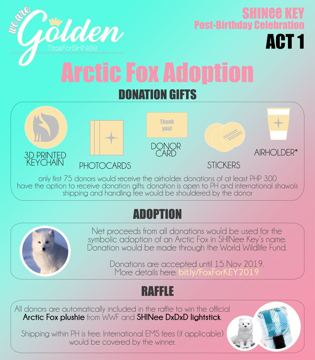 TitasForSHINee's tweet photo. Here's Act 1 for #WeAreGolden2019:
Arctic Fox Adoption Fundraising Drive!

Help us get funds to adopt an Arctic Fox through @WWF under @SHINee Key's name! 💕
https://t.co/v08IG9pLyJ

#FoxForKEY2019 
#HappyKEYDay 🎂🎉 #SHINee #샤이니 #KEY #키 https://t.co/LO2hHlOR3l