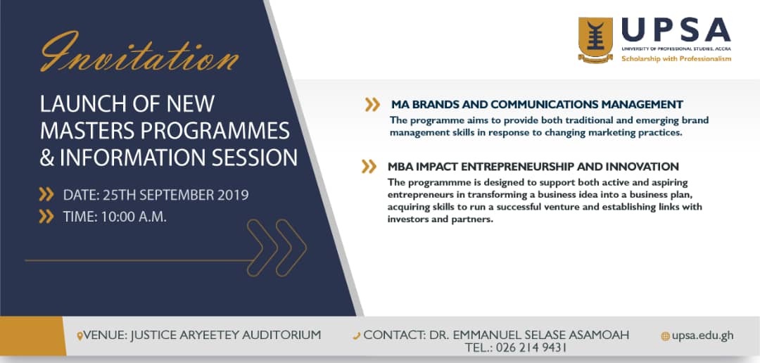 upsaccra's tweet photo. Join us tomorrow as we outdoor our latest offsprings:
✅Master of Art in Brands and Communication Management
✅MBA in Impact Entrepreneurship &amp; Innovation
#TheProfessionalUniversity 
@UPSASRC @E4Impact #Ghana https://t.co/j9JmR3gmp8
