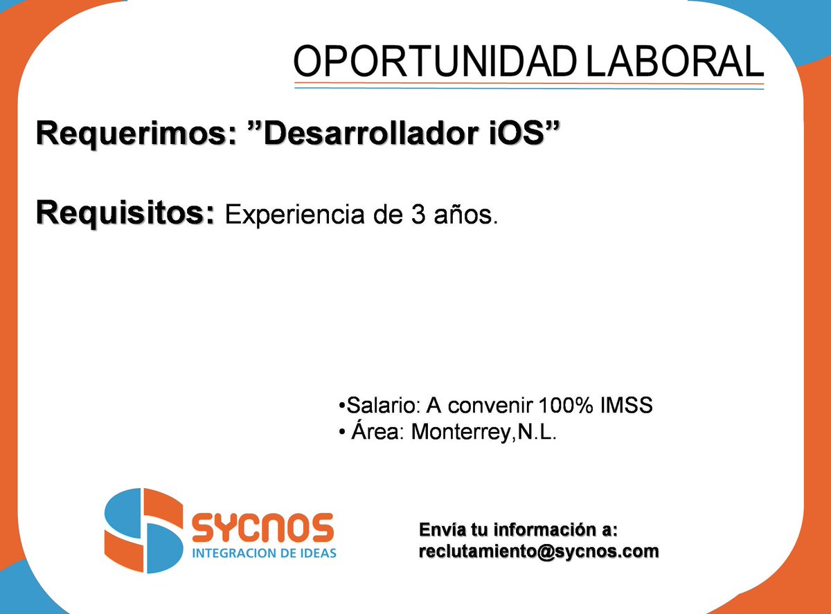 sycnos's tweet image. #SYCNOS te desea un #FelizMartes Únete a nuestro equipo de trabajo manda tu CV a reclutamiento@sycnos.com no dejes pasar esta oportunidad.

#DesarrolladoriOS