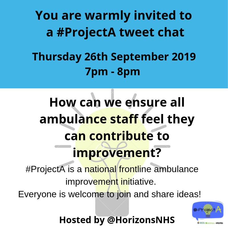 HorizonsNHS's tweet photo. Staff survey results show ambulance staff feel less able to contribute to improvement than rest of NHS (72% NHS, 49% Ambulance). We're interested in why and how this is changed. Join us, 26/09, 7pm - #ProjectA tweetchat on this subject. https://t.co/nQijH1xue9
