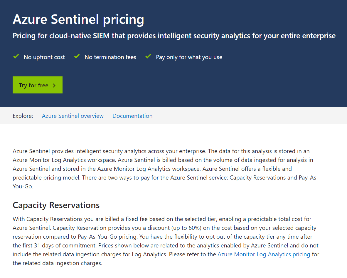 maarten_goet's tweet photo. BREAKING: #AzureSentinel pricing is live! Highlights:

👉 Only pay for what you ingest
👉 Capacity Reservation provides discount (up to 60%) 
👉 Retained at no charge for the first 90 days

📌 https://t.co/wWS3OBGztv https://t.co/J2eaqy7ZjN