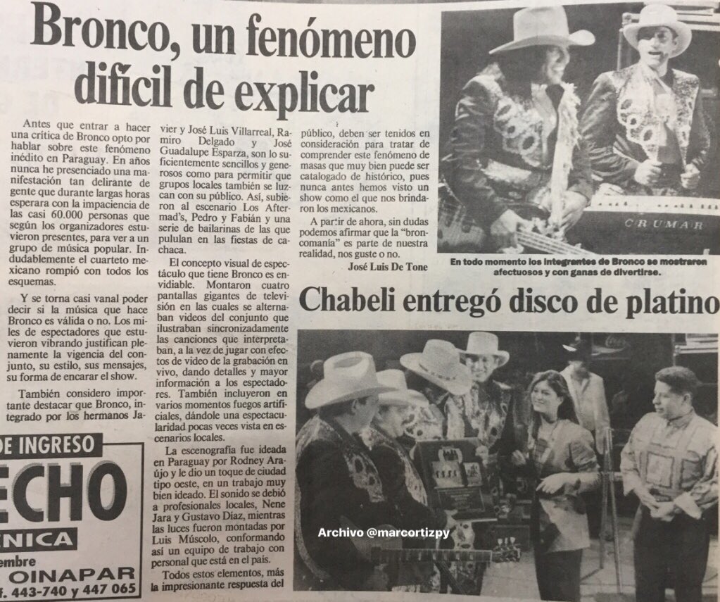 marcortizpy's tweet photo. El grupo musical mexicano @Grupo_Bronco llegó por primera vez al Paraguay 🇵🇾 el 11/11/1994 para dar su show en el estadio Defensores del Chaco al día siguiente fueron a Ciudad del Este para dar otro show en el estadio 3 de Febrero. https://t.co/716aO7WYqc