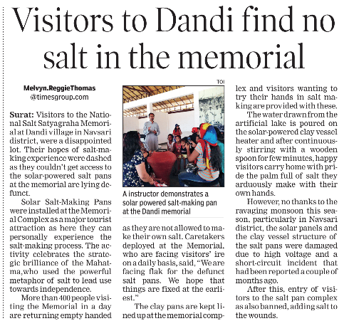 DandiMemorial's tweet photo. "Visitors to Dandi find no salt in the Memorial" - Times of India report (Sept 24, 2019) https://t.co/A1bcz2O3Lp