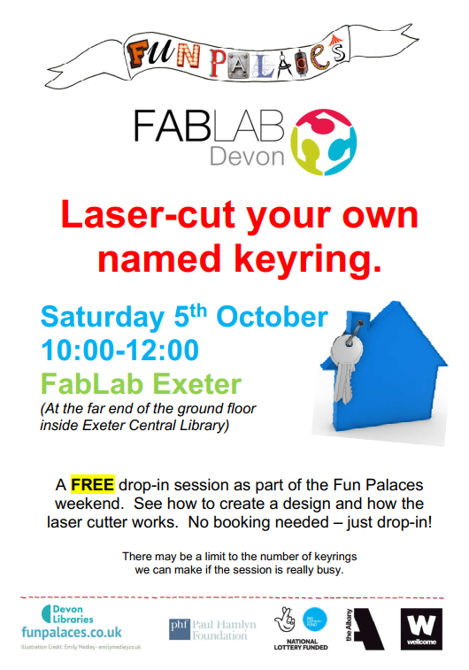 FabLabDevon's tweet photo. Ever wondered how a laser-cutter works? Come and see for FREE on Saturday 5th October at FabLab Exeter. 10:00-12:00 as part of the @funpalaces weekend.
#funpalaces #devonlibraries #exeterlibraries #fablab #exeter #fablabdevon https://t.co/CmFpbZOrAk
