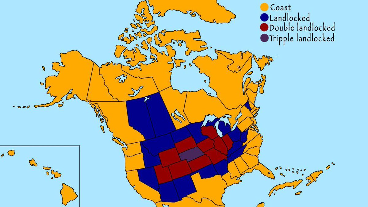 Onlmaps A Twitter Map Of The States Provinces And How Landlocked They Are T Co Pufbht8p33
