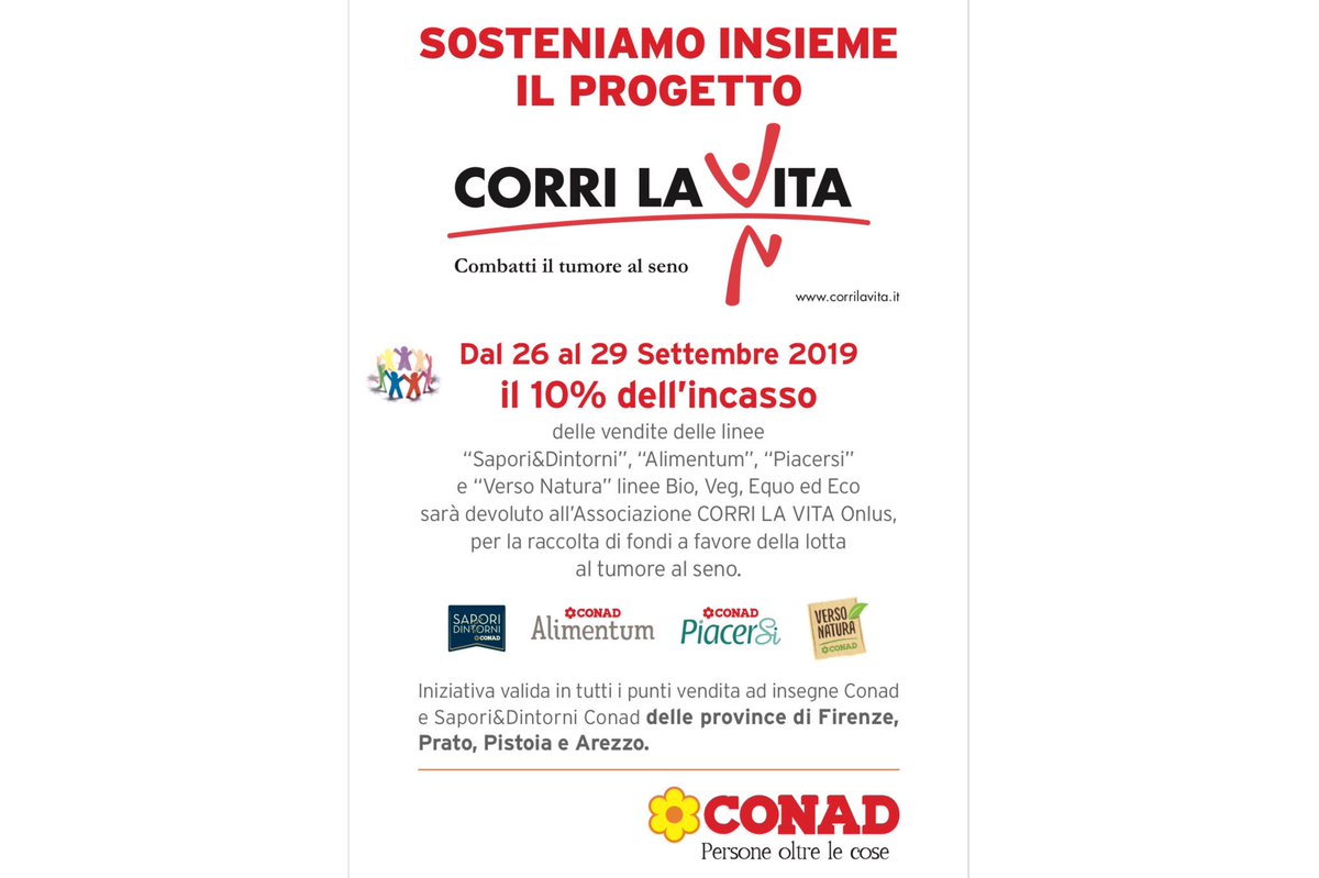 Corrilavita's tweet photo. Siamo felicissimi di annunciarvi che per il quarto anno consecutivo @Conad sarà al nostro fianco! Da giovedì 26 a domenica 29 settembre, il 10% degli incassi della vendita di prodotti delle linee Sapori&amp;Dintorni, Alimentum, PiacerSi e Verso Natura sarà devoluto a #CORRILAVITA❤ https://t.co/twjQJRsdVM