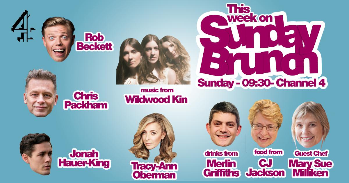 Sunday Brunch (@sundaybrunchc4) on Twitter photo Good morning, Brunchers! On #SundayBrunch this week, we have <a href="/robbeckettcomic/">Rob Beckett</a>,<a href="/ChrisGPackham/">Chris Packham</a>, Jonah Hauer-King and <a href="/TracyAnnO/">Tracy-Ann Oberman</a>! Plus drinks with <a href="/FirstDates/">First Dates</a>' <a href="/MerlinFDC4/">Merlin 🎇 Griffiths</a>, food from CJ Jackson, Guest Chef <a href="/MarySueMilliken/">Mary Sue Milliken</a> PLUS music from <a href="/WildwoodKin/">Wildwood Kin</a>! 🥐☕️ Good morning, Brunchers! On #SundayBrunch this week, we have <a href="/robbeckettcomic/">Rob Beckett</a>,<a href="/ChrisGPackham/">Chris Packham</a>, Jonah Hauer-King and <a href="/TracyAnnO/">Tracy-Ann Oberman</a>! Plus drinks with <a href="/FirstDates/">First Dates</a>' <a href="/MerlinFDC4/">Merlin 🎇 Griffiths</a>, food from CJ Jackson, Guest Chef <a href="/MarySueMilliken/">Mary Sue Milliken</a> PLUS music from <a href="/WildwoodKin/">Wildwood Kin</a>! 🥐☕️