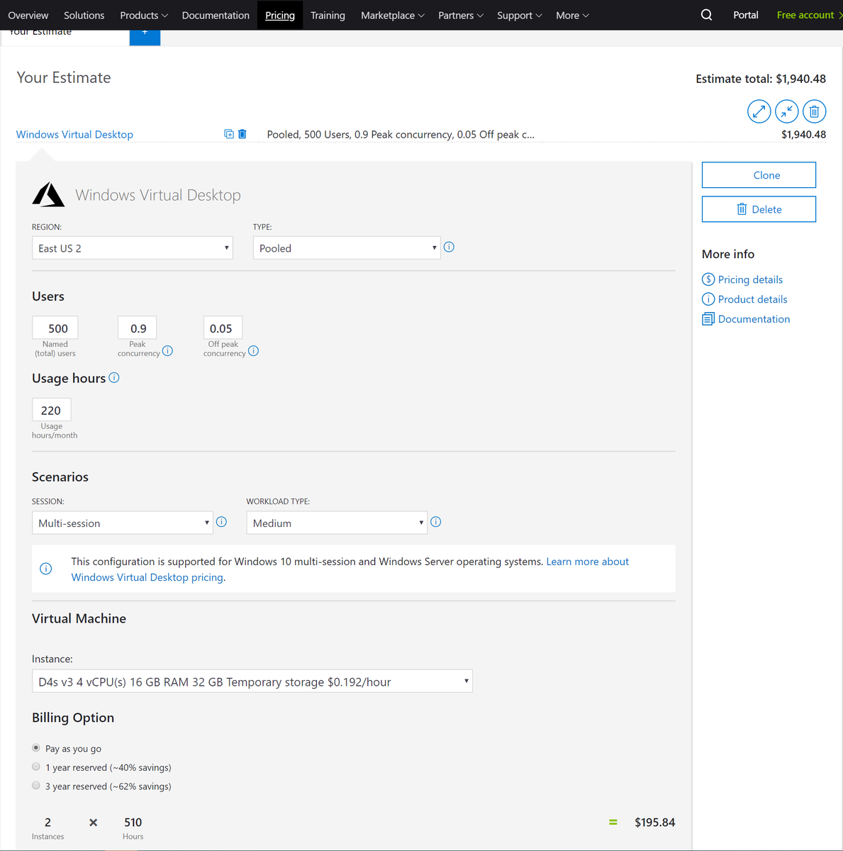 RDS4U's tweet photo. The Azure Pricing Calculator now supports Windows Virtual Desktop.  Build out a multi-user deployment in the tool and see the savings over traditional VDI. #WVD
https://t.co/rEuIBcW9DL https://t.co/oglmn6wuI8