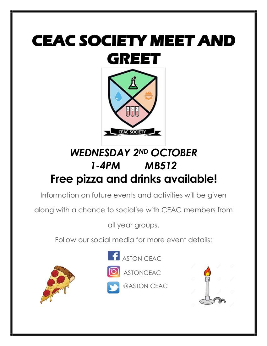 AstonCEAC's tweet photo. ATTENTION ALL🔊🔊🔊! THE FIRST OFFICIAL CEAC EVENT OF THE YEAR. THE CEAC SOCIETY MEET AND GREET FROM 1-4PM ON THE 2ND OF OCTOBER! WE LOOK FORWARD TO MEETING ALL OF YOU! https://t.co/7r8HpSbGW8