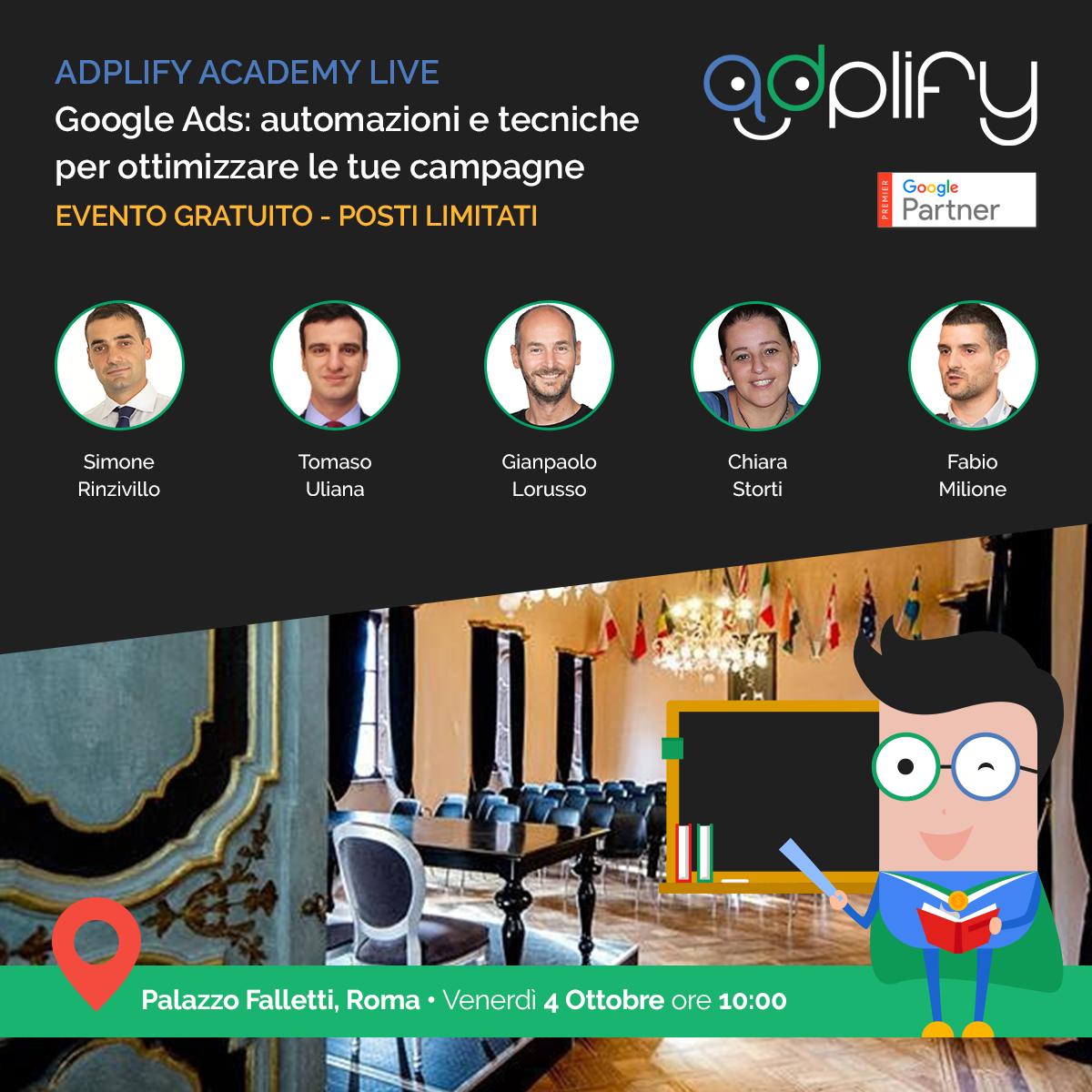 adplify's tweet photo. Torna l’#AdplifyAcademy Live! Venerdì 04 ottobre saremo a #Roma per parlare di "Google Ads: automazioni e tecniche per ottimizzare le tue campagne". Una giornata formativa dedicata al mondo #GoogleAds. EVENTO GRATUITO con n° posti limitato. Iscriviti ora👉https://t.co/0EdcTRrzGF https://t.co/PomD6QU8Si