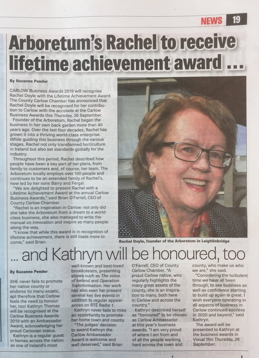 In advance of the Carlow Business Awards #CBA2019 taking place Thursday, it was announced today in <a href="/CWnationalist/">Carlow Nationalist</a> &amp; on <a href="/kclr96fm/">KCLR 96FM</a> that @RachelDoyleArb will be presented with Life Time Achievement and <a href="/gokathrynthomas/">Kathryn Thomas</a> will be presented with Ambassador of the Year; Comhghairdeas