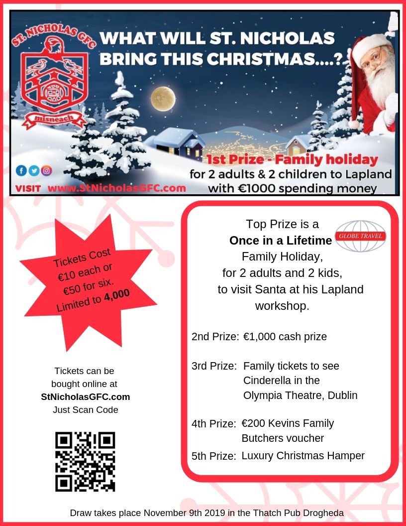 StNicholasGFC's tweet image. Our Christmas raffle is now up and running. For just €10 you and your family could be off to meet Santa in his workshop in Lapland with €1,000 spending money. 
See our website for more details and see other great prizes. 
Buy from any club member. #visitsanta