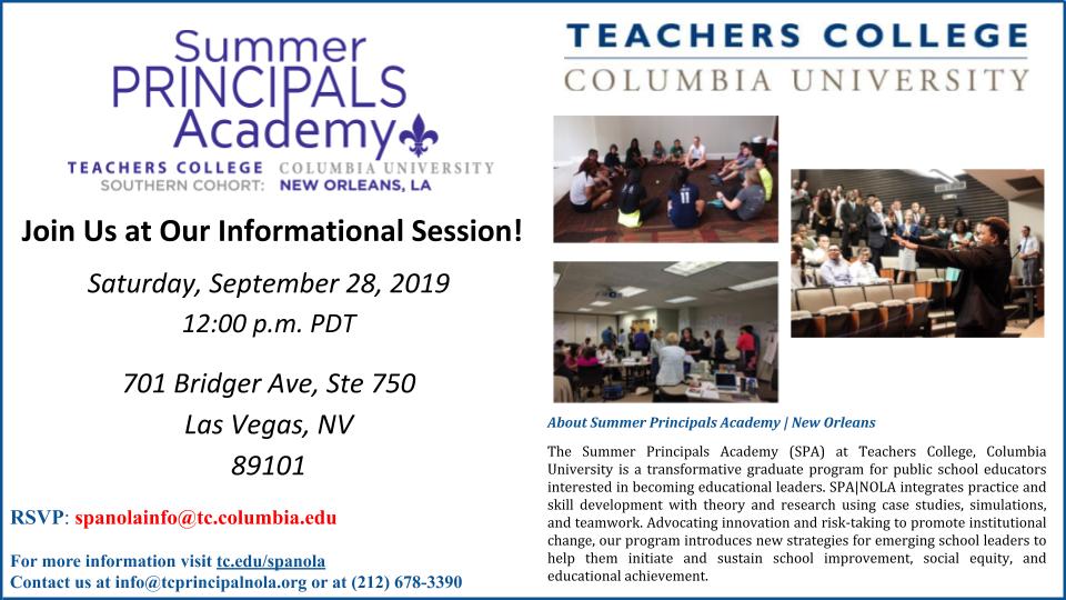 spanolatc's tweet photo. Las Vegas! SPA|NOLA will be giving an information session at Teach For America Saturday, September 28 at 12:00pm PST. Come learn more about our program and chat with our director!
#spanola #teacherscollege #lasvegas https://t.co/pOObLpl4I6