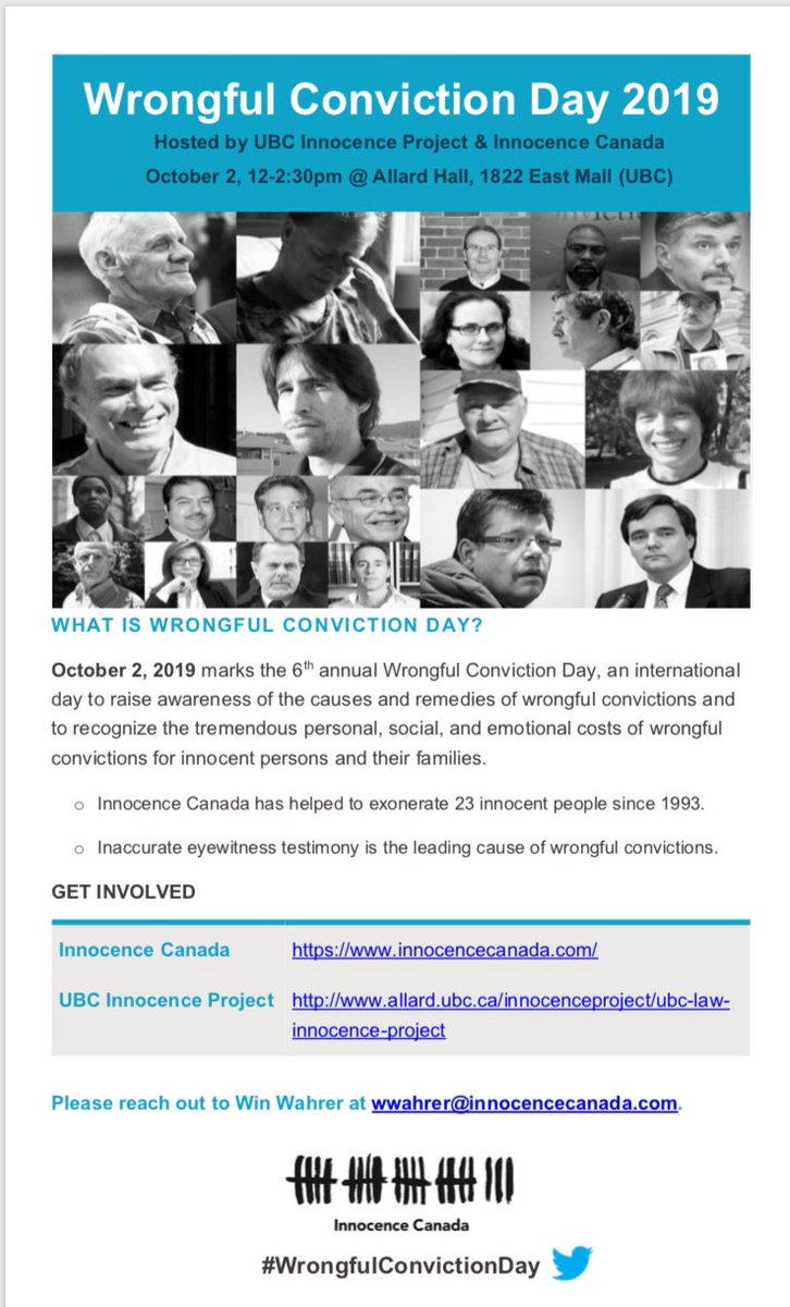 🚨EVENT ANNOUNCEMENT: 🚨

<a href="/UBCInnocence/">UBC Innocence Project</a> &amp; <a href="/InnocenceCanada/">@InnocenceCanada</a> invite you to attend a Photo Campaign in support of the Wrongly Convicted
October 2, 2019
12-2:30 p.m.
Allard Hall, 1822 East Mall (UBC)
Contact: Amy Schwab
604-616-1444 or aschwab1@hotmail.com 
Open to the Public