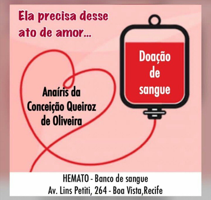 felipeniceas's tweet image. Anaíris da Conceição Queiroz de Oliveira precisa de doação de sangue. #doesanguedoevida #soudoador #acorrentedobem #recife #pernambuco 💉❤