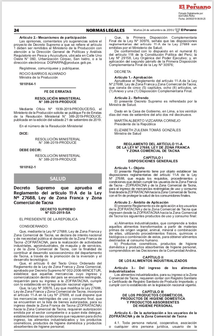 El reglamento de la Ley N 27688 Ley de Zofra #Tacna y Zona Comercial está a punto de culminarse, tras la publicación hoy del art. 11A, aspecto más complicado, no nos falta mucho para encaminar a la región hacia el crecimiento económico #SíSePuede #SeguimosTrabajando