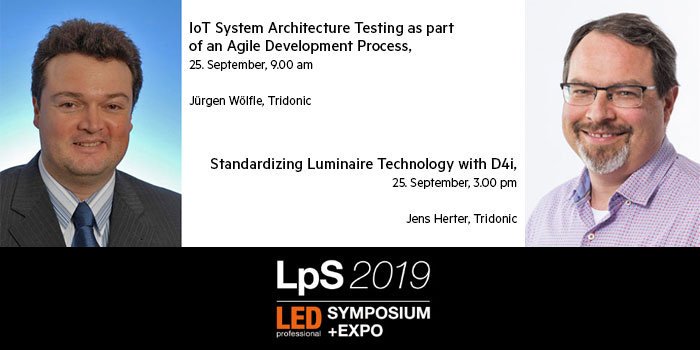 Tridonic's tweet image. #LpS2019: Don’t miss out when our speakers shine a light on #IoT system architecture testing as part of an #AgileDevelopmentProcess and present the new #D4i standard for #DALI2 #controldevices tomorrow @LEDprofessional