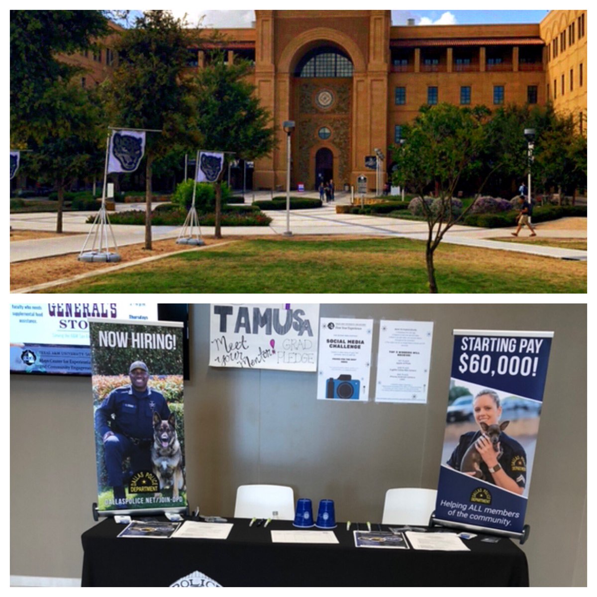 DPDRecruiting's tweet photo. Dallas Police Recruiters @DPDDane and Rodriguez are set up  @TAMUSanAntonio, in the Science and Technology Building. Law Enforcement is not just for Criminal Justice Majors. Come talk to us about how your major will fit with Dallas PD. We are here until 5:30 pm. #StartingPay60K https://t.co/PQHMVjvGBd