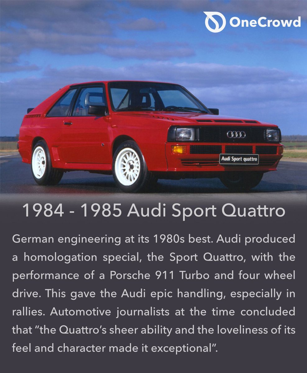 onecrowd_fund's tweet photo. 1984 - 1985 Audi Sport Quattro
#onecrowd #passioninvesting #cars #collectibles #crowdinvestment #passionassets #classiccars #audi #quattro #sportquattro #911turbo #handling #4wd #fourwheeldrive #1980s #germanengineering https://t.co/3oEJmAR5mI