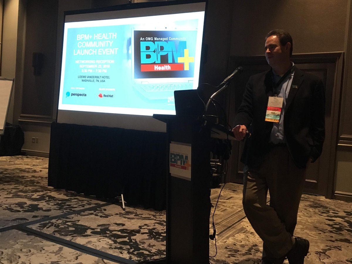 ObjectMgmtGroup's tweet photo. Ken Rubin from @DeptVetAffairs, @UUtah takes the stage to introduce #BPMplusHealth in Nashville. We are excited to launch this community to apply proven IT standards to healthcare delivery. https://t.co/sZjS1HfZjw