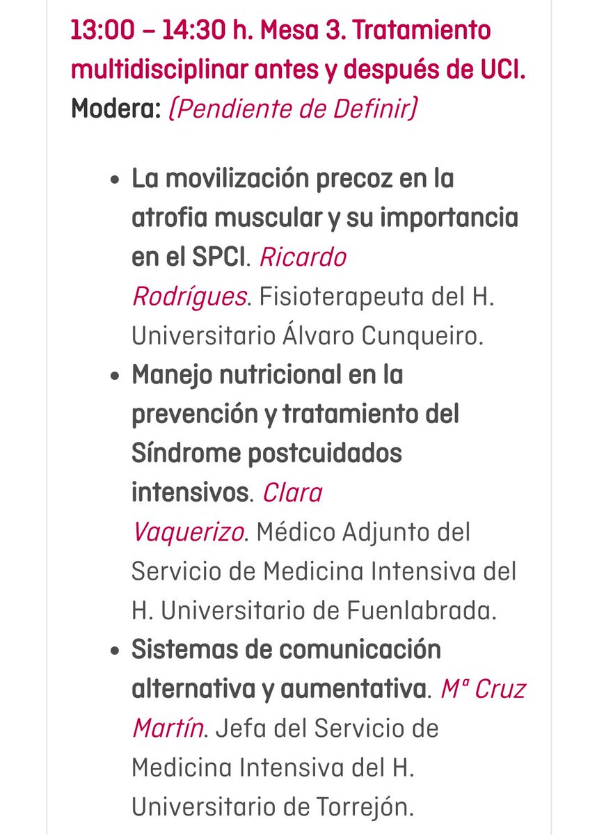 El 27 de noviembre será la 2ª Jornada Nacional de Síndrome Post Cuidados Intensivos.
#2JPICS
Muy interesantes las tres primeras mesas:
- Prevención del SPCI.
- La familia y el SPCI.
- Tratamiento multidisciplinar antes y después de la UCI.

Inscripción: humanizandoloscuidadosintensivos.com/es/2sdpostuci/