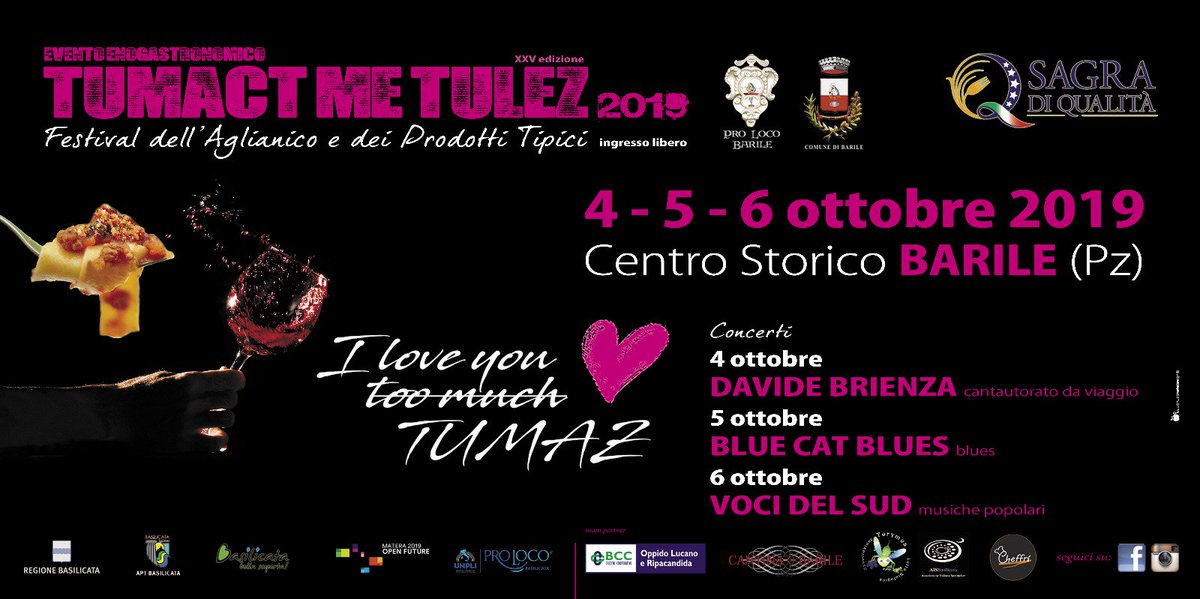 prolocobarile's tweet image. L&apos;attesa è finita!
Vi aspettiamo a #Barile per il 
Festival dell&apos;Aglianico del Vulture
e Tumact Me Tulez 👇👇👇
Venerdì 4, Sabato 5 e Domenica 6 Ottobre 2019
Centro Storico - #Barile (Pz)
#ProLocoBarile
#staytuned 
#ILoveyouTumaz