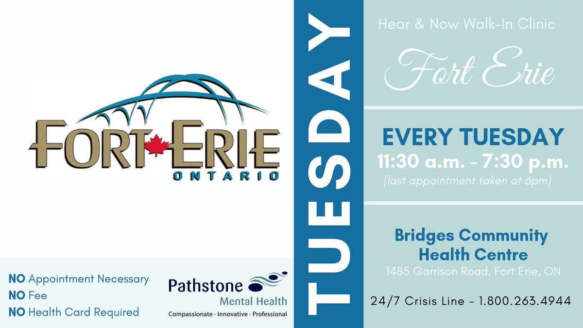 pathstonemh's tweet photo. The Hear &amp; Now Walk-In Clinic is open TODAY in @TownOfFortErie. First come first serve, one on one counselling for children/youth up to 18yrs &amp; their caregivers. No appointment/no cost/no health card required. You are not alone #pathstoneniagara #treatmentworks #youarenotalone https://t.co/V3reWWDcFu